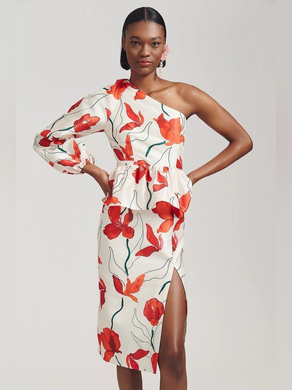 Anthropologie / Hutch - Floral One Shoulder Peplum Waist Midi Dress - Sz 6